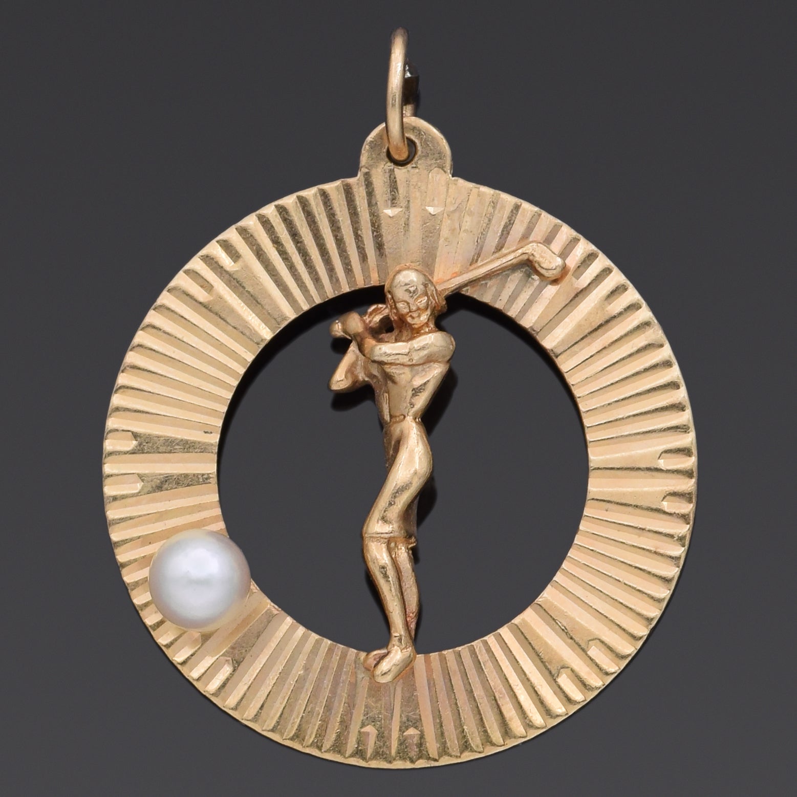 Vintage 14K Yellow Gold Pearl Golf Open Circle Pendant