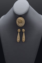 Antique Gold Filled Lava Cameo Brooch Pin & Earrings Set