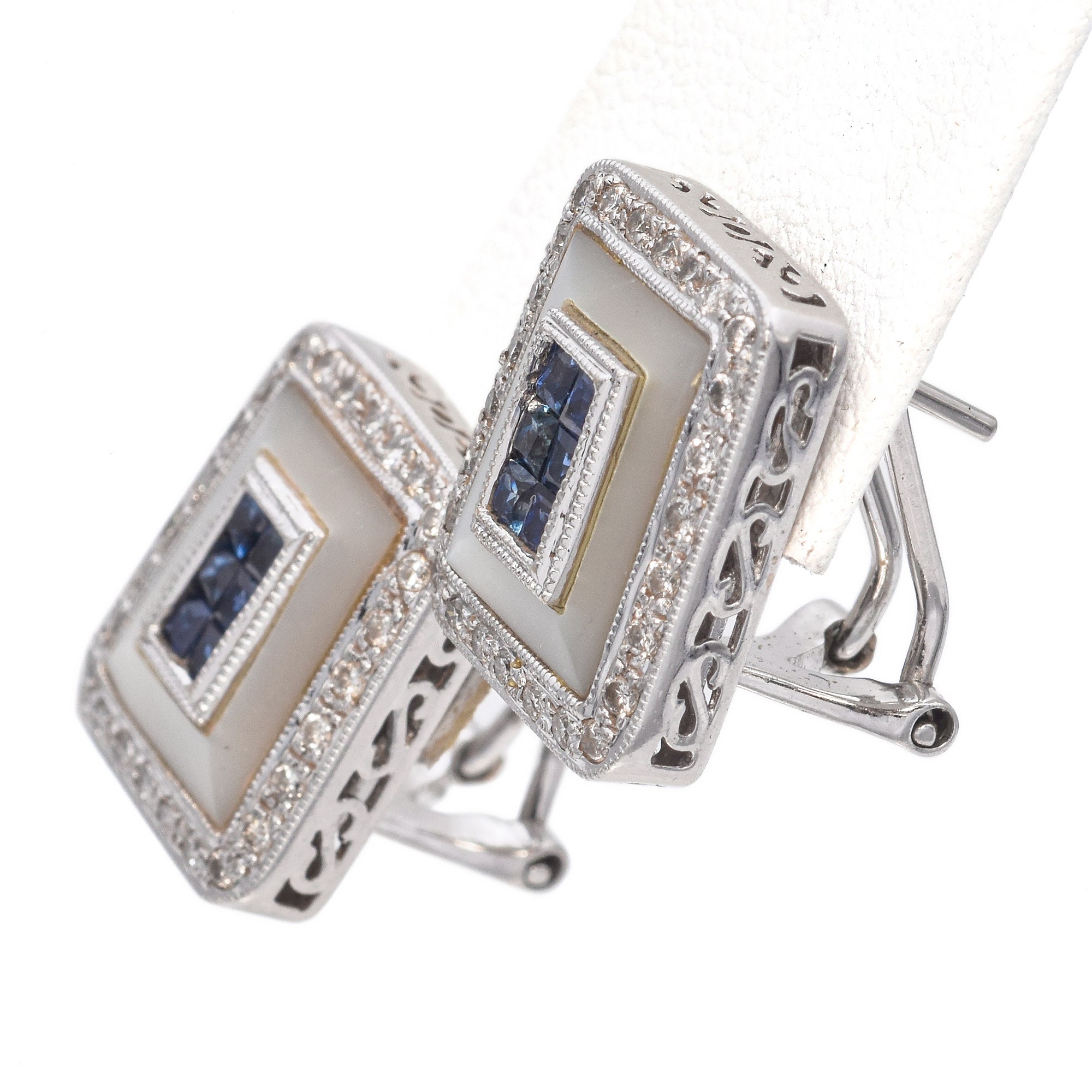 18K White Gold Invisible Set Sapphire, Diamond, Mother of Pearl Earring