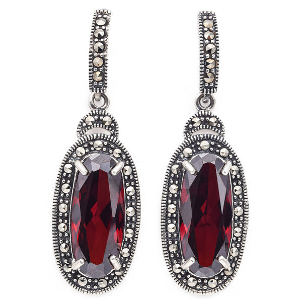 Vintage Sterling Silver Red Paste and Marcasite Oval Drop Earrings