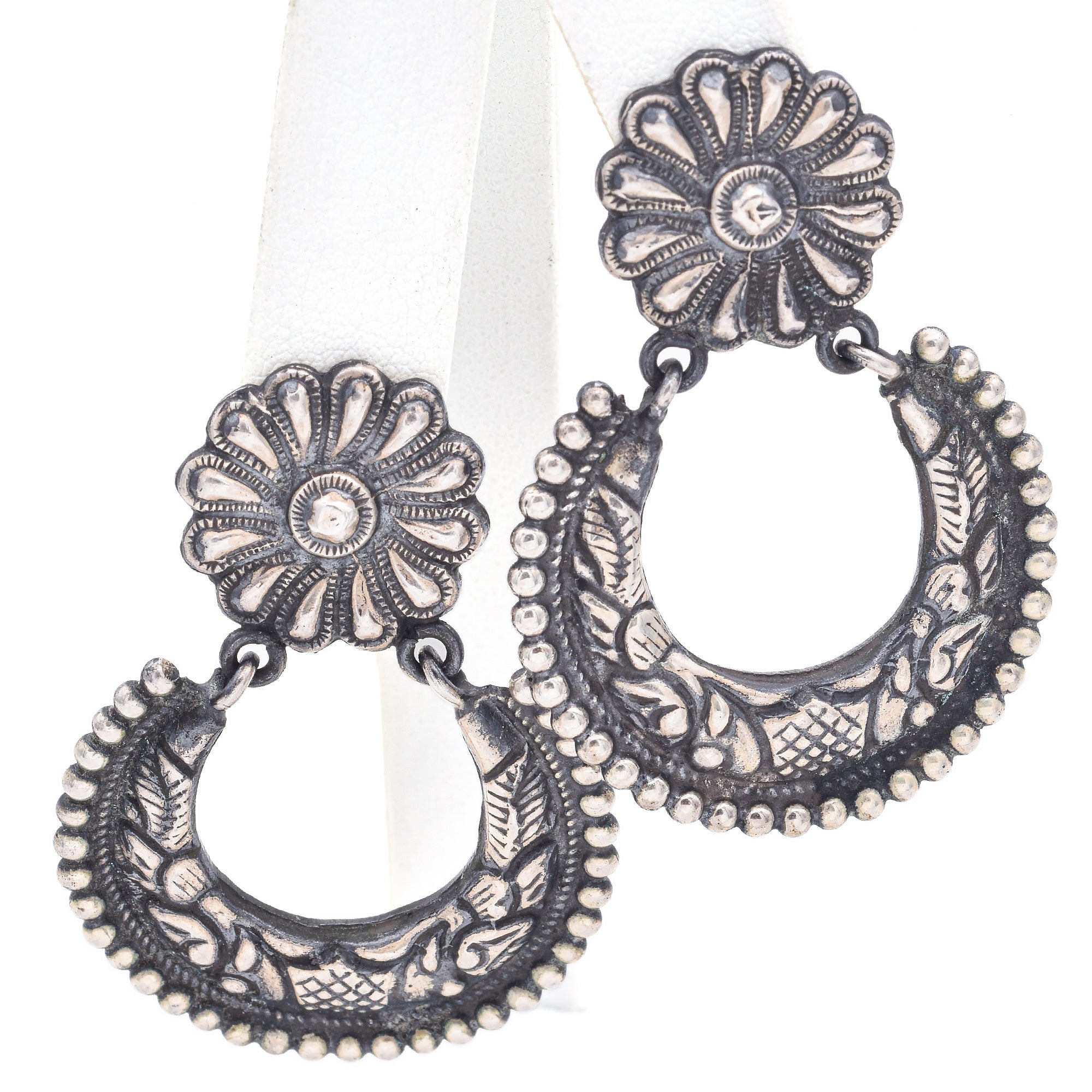 Vintage Sterling Silver Dangle Earrings with Flower Motif