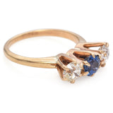 Antique 14K Yellow Gold Three Stone .72 TCW Old Euro Cut Diamond, Sapphire Ring