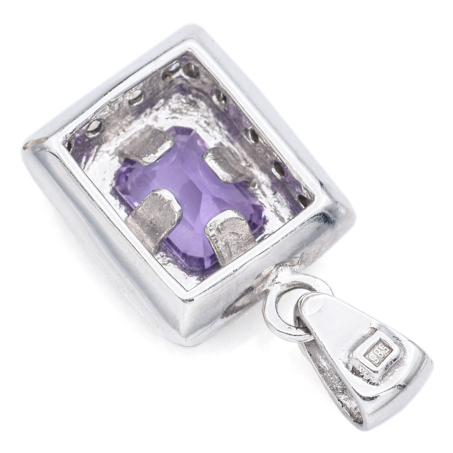 Estate 14K White Gold Amethyst & CZ Rectangle Pendant