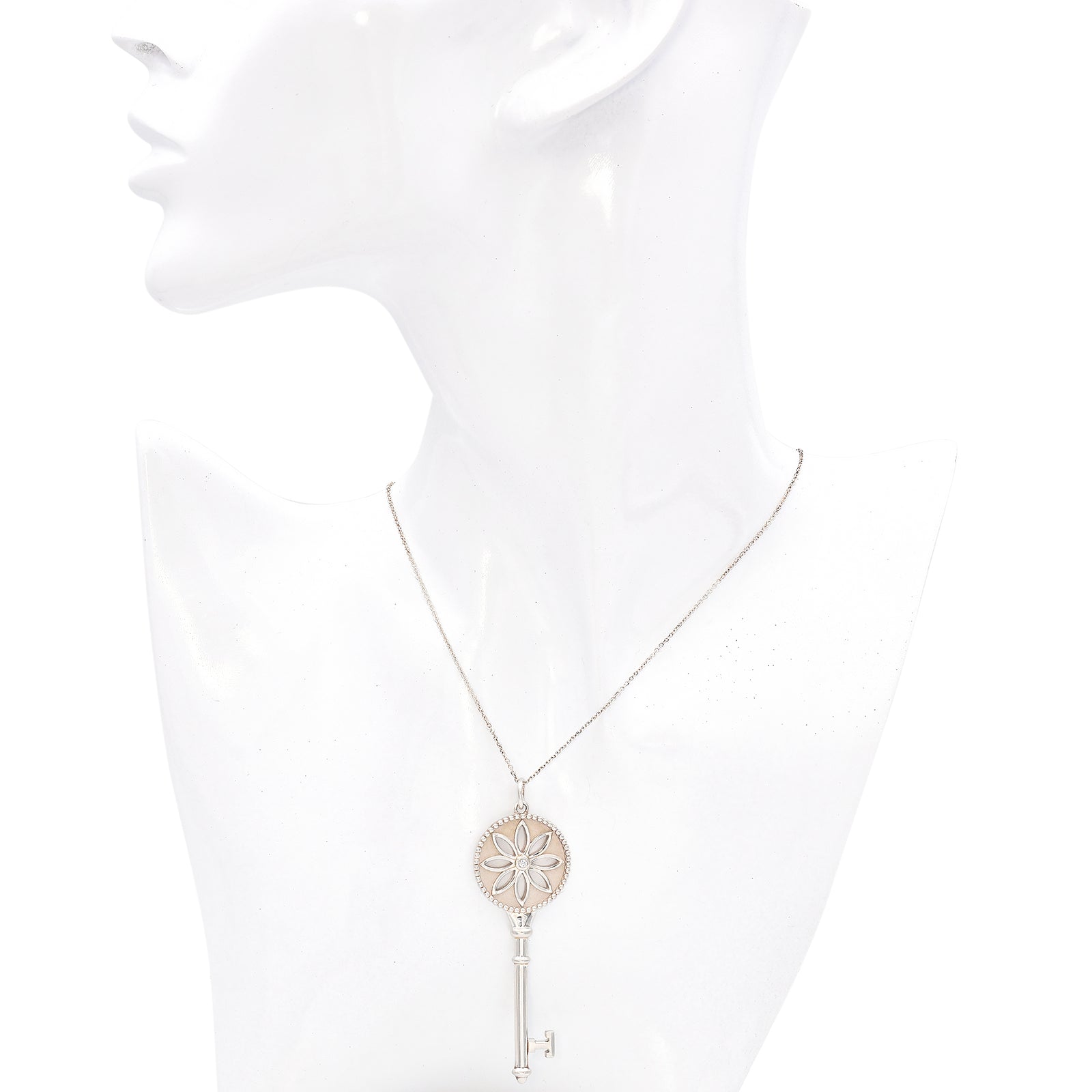 Tiffany Co. Sterling Silver Diamond Daisy Key Pendant Necklace Blue Ribbon Rarities