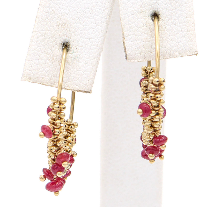 Vintage 14K Yellow Gold Ruby Beaded Hoop Earrings