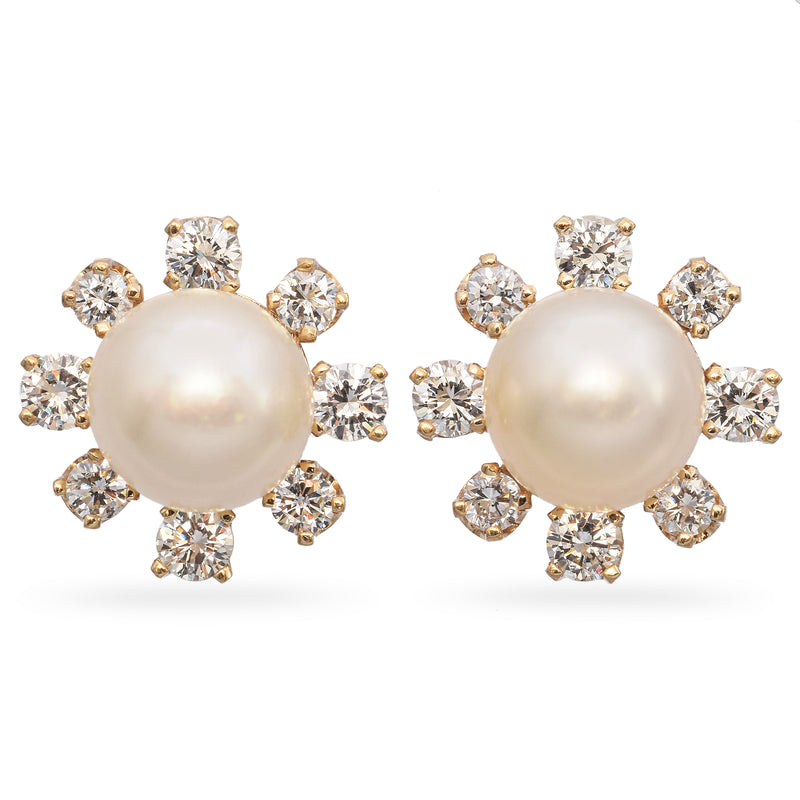 14K Yellow Gold Pearl & 0.96 TCW Diamond Halo Stud Earrings