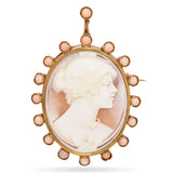 Antique Yellow Gold Cameo Shell & Coral Oval Brooch Pin Pendant