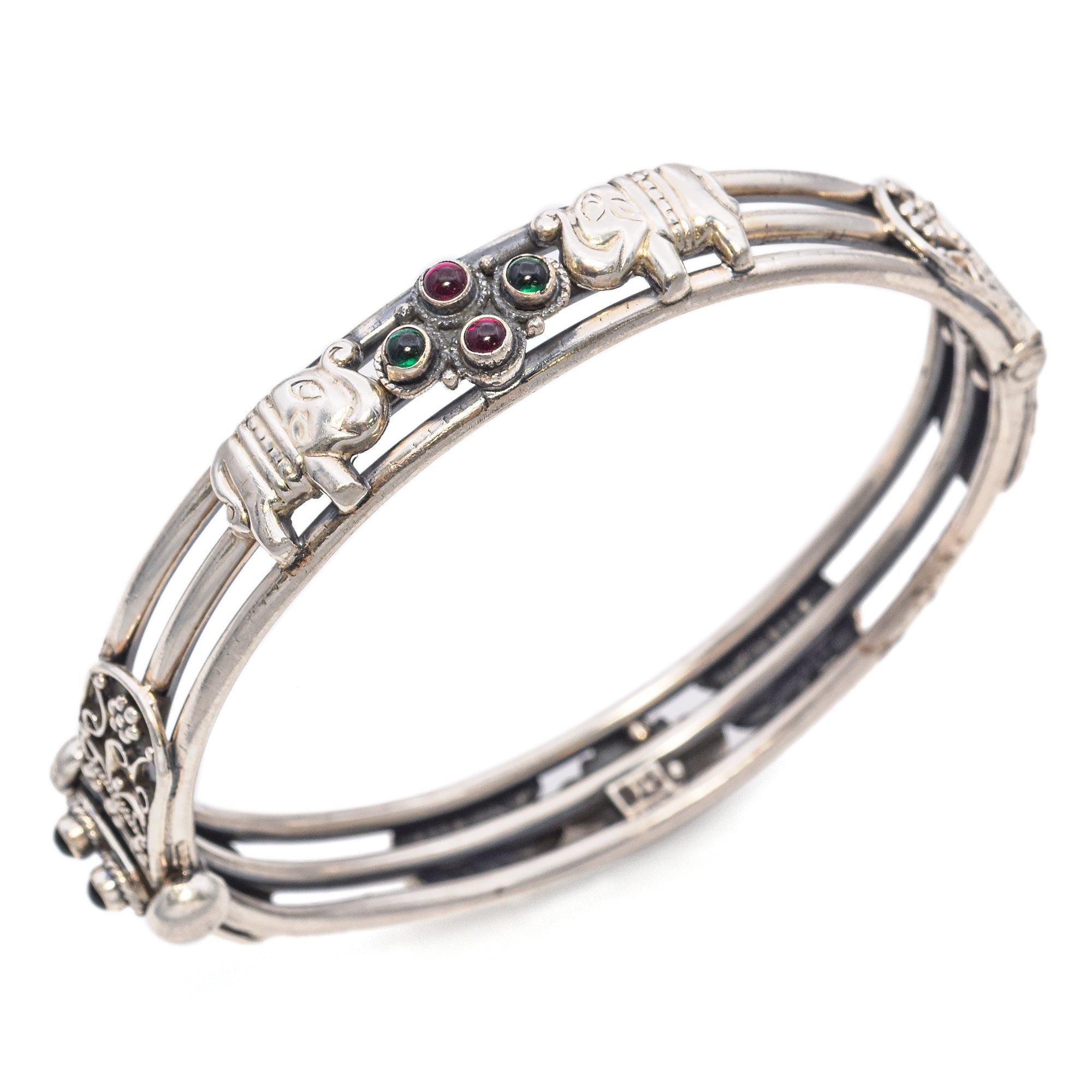 Sterling Silver Tourmaline Ruby Elephant Traditional Rajasthani Bangle Bracelet