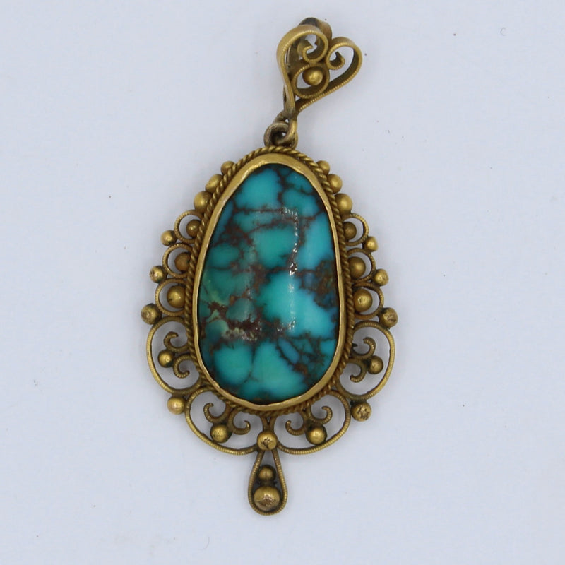 Vintage Matrix Turquoise Pendant with Filigree Work in 14K Gold