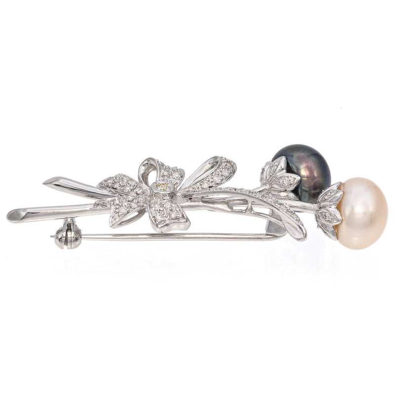 Vintage 14K White Gold Black White Pearl, 0.15 TCW Diamond Floral Bow Brooch Pin