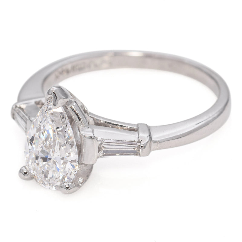 Platinum Certified 1 Ct. Lab Pear Diamond with Natural Baguette Engagement Ring