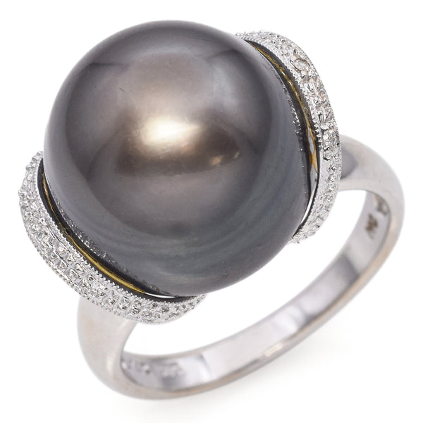 Estate 14K White Gold Tahitian South Sea Pearl and Diamond Band Ring Size 8