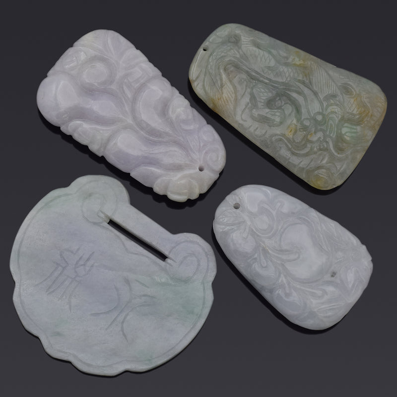 Lot of 4 Vintage Green & Lavender Jade Carved Fruit, Dragon & Lock Pendants