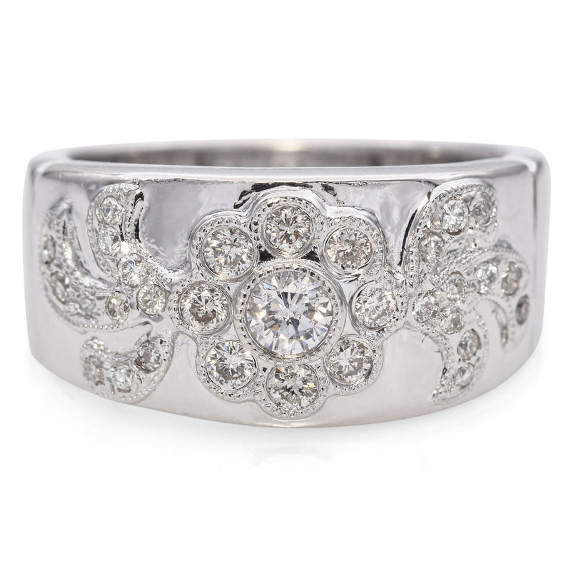 18K White Gold 0.24 TCW Diamond Floral Motif Wide Band Ring