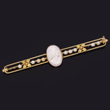 Antique Victorian 10K Gold Angel Skin Coral Cameo & Sea Pearl Bar Brooch Pin