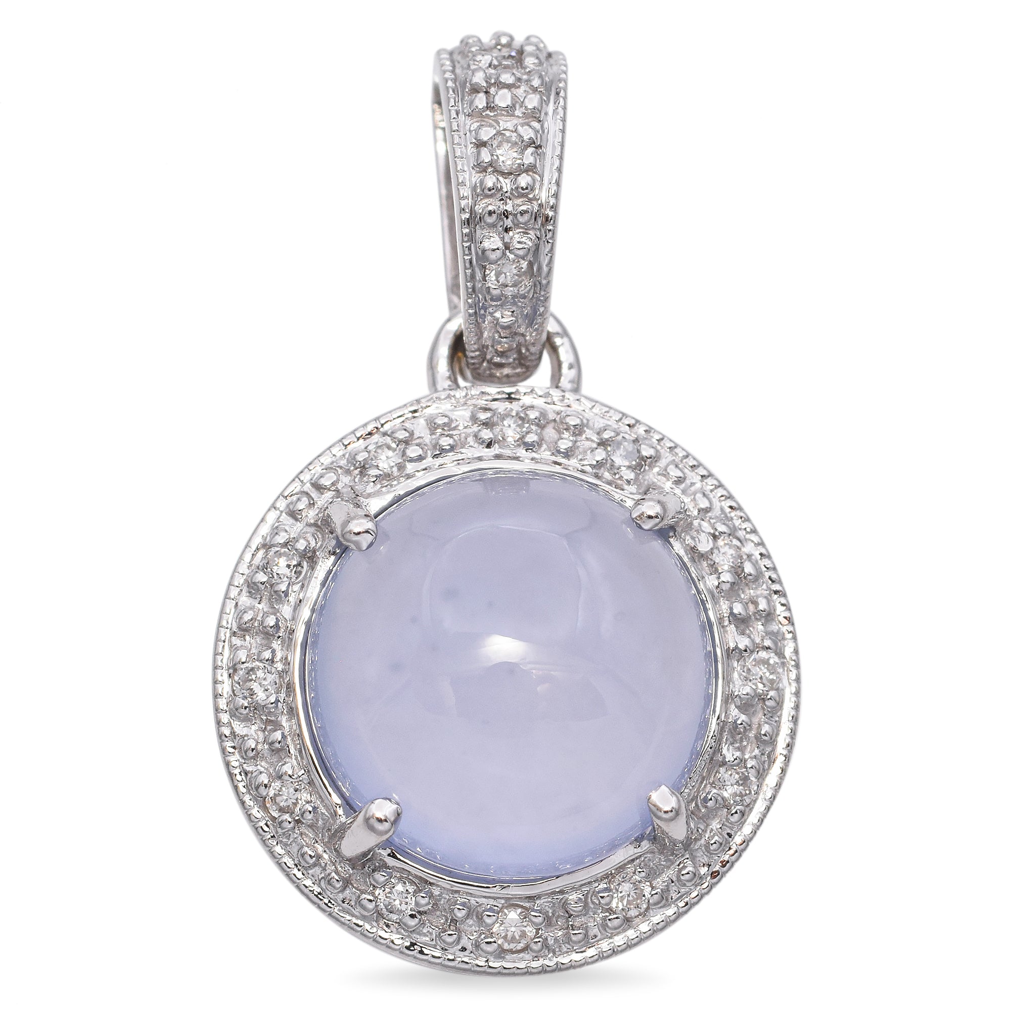 Vintage 14K White Gold Chalcedony & Pave Diamond Pendant