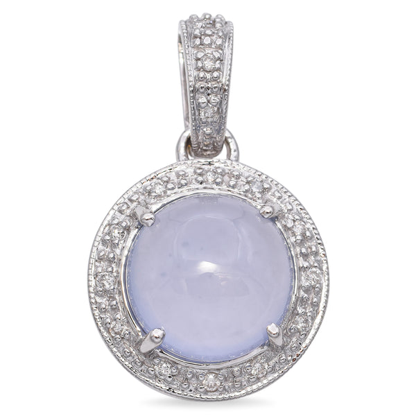 Vintage 14K White Gold Chalcedony & Pave Diamond Pendant