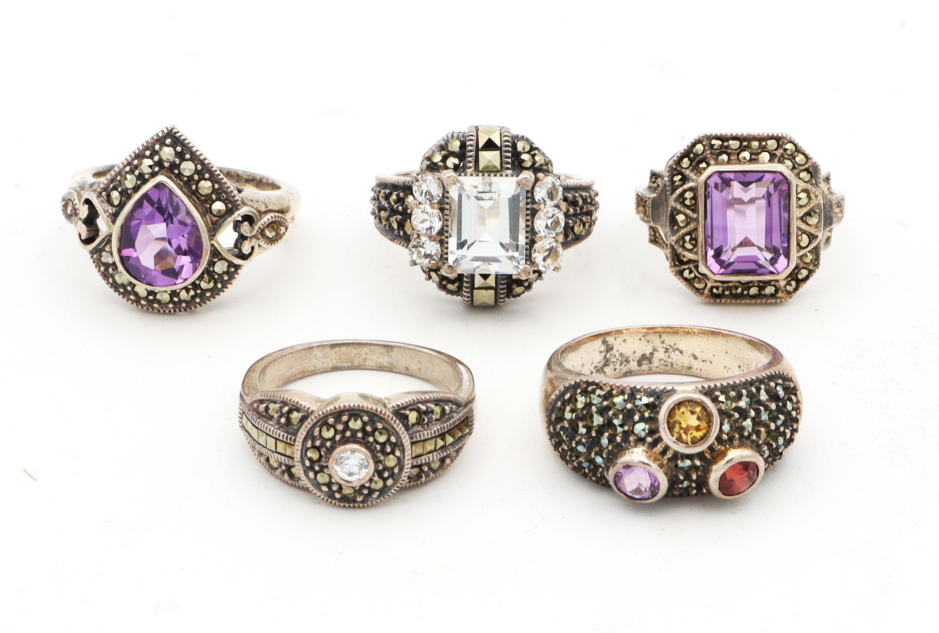 Lot of 5 Vintage Judith Jack Sterling Silver Multi-Stone Rings Size 6.75 - 9