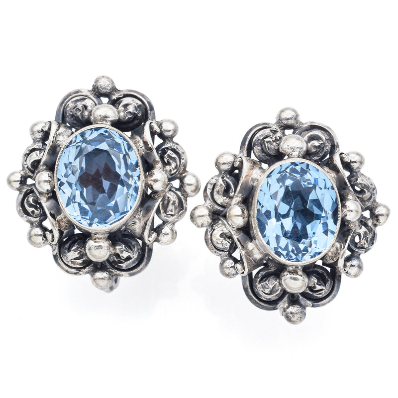 PERUZZI Florence 800 Silver Blue Topaz Floral Screw-Back Earrings