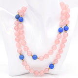 Vintage 14K Yellow Gold Rose Quartz & Blue Chalcedony Beaded Strand Necklace