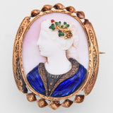 Antique 14K Yellow Gold Pink Conch & Commeso Enamel Ceres Cameo Brooch Pendant