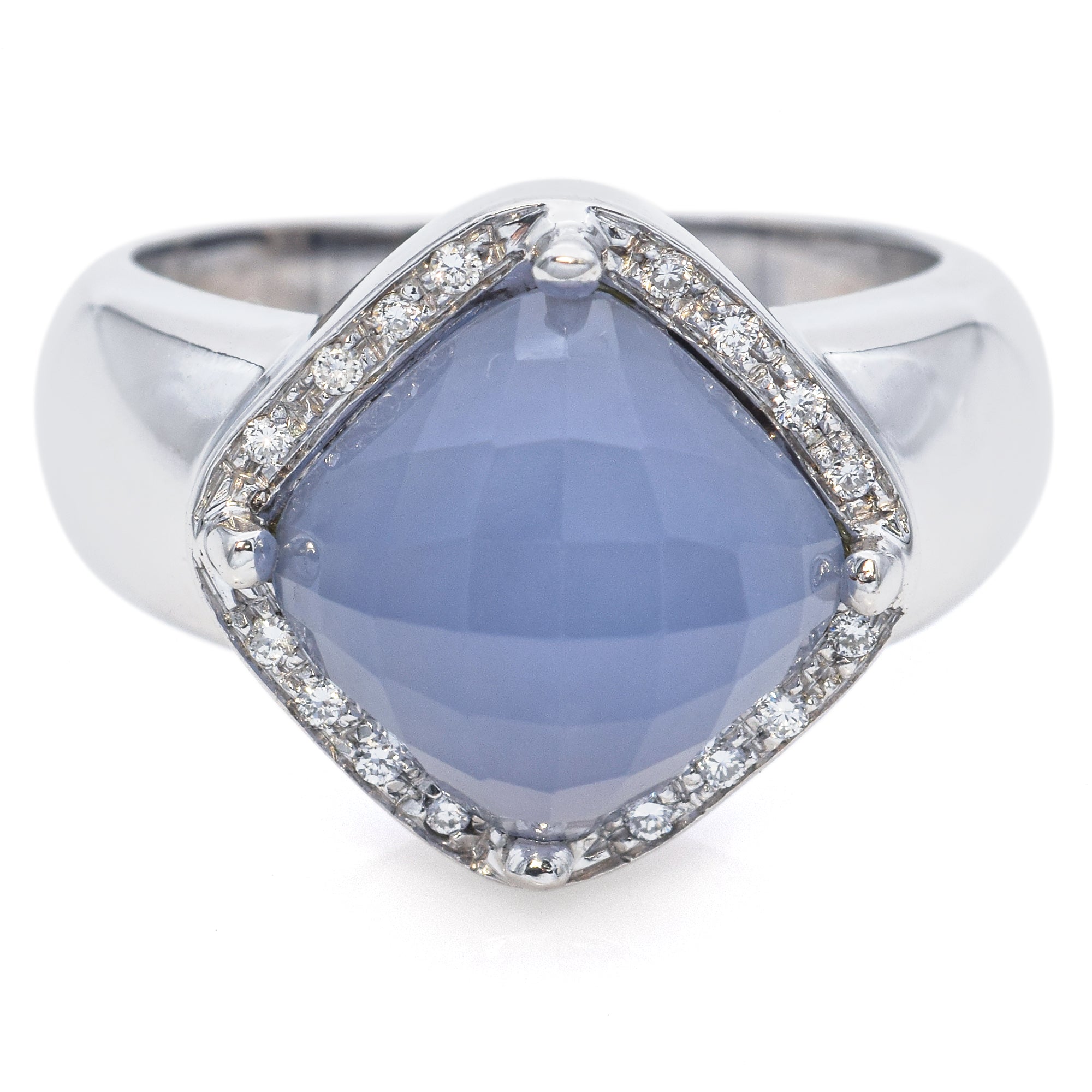 Rina Limon 18K White Gold 3.44 Ct Chalcedony & Diamond Cushion Band Ring Size 6