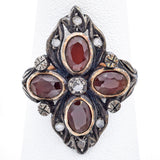 Antique 18K Yellow Gold & Silver Garnet & Diamond Cocktail Ring Size 7.5