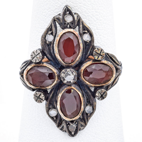 Antique 18K Yellow Gold & Silver Garnet & Diamond Cocktail Ring Size 7.5