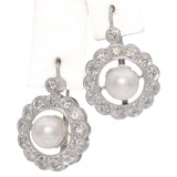 Vintage White Gold Pearl and 1.0 TCW Diamond Dangle Drop Earrings