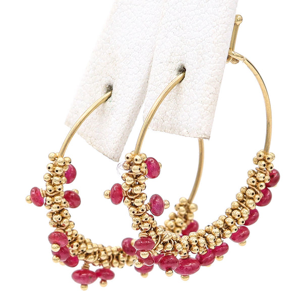 Vintage 14K Yellow Gold Ruby Beaded Hoop Earrings