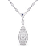 Vintage 13K White Gold Sapphire & Diamond Filigree Pendant Necklace