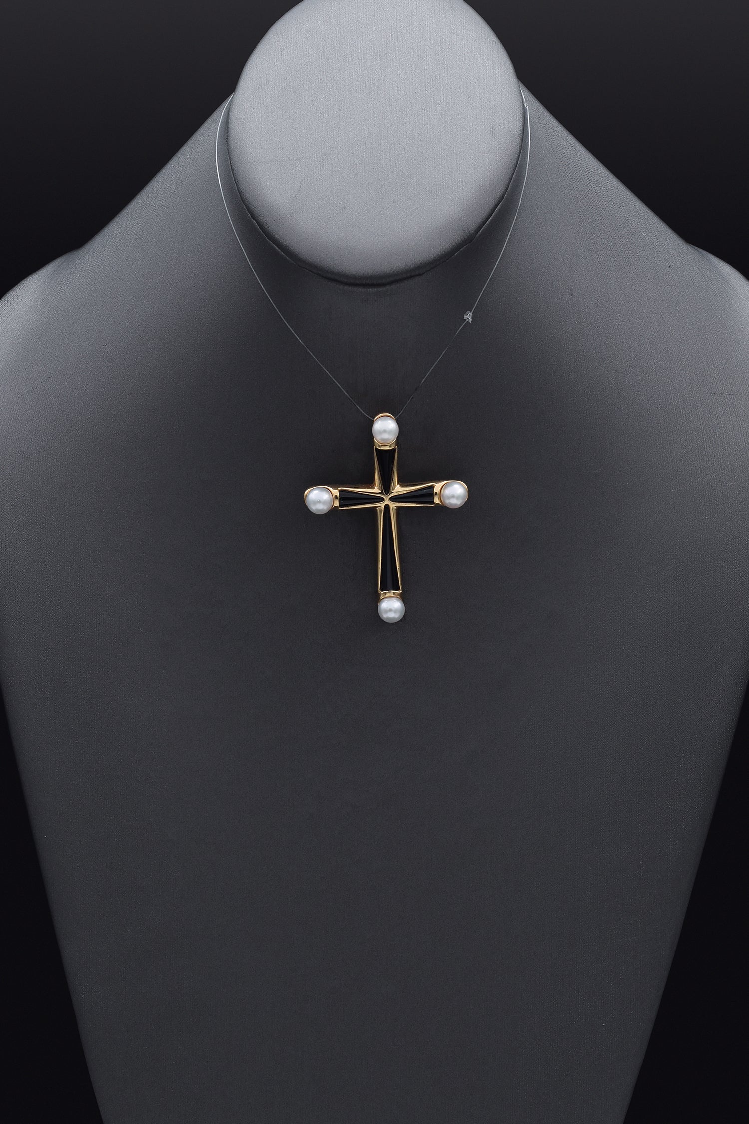 Estate Onyx and Pearl 18K Yellow Gold Large Cross Enhancer Pendant