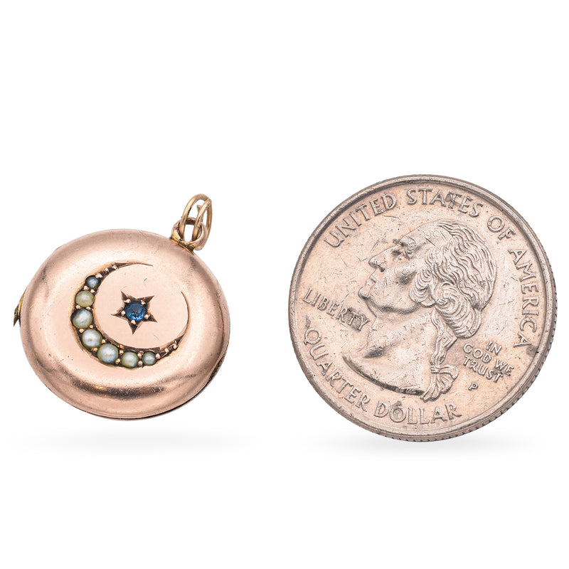 Antique 7K Rose Gold Pearl Moon and Sapphire Star Locket Pendant