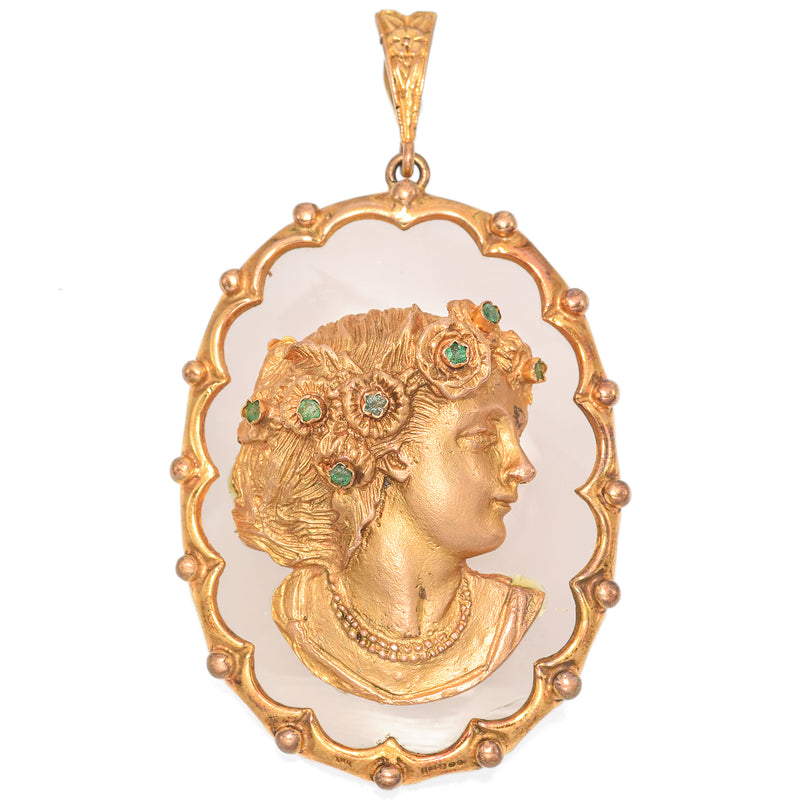 Vintage 9K Yellow Gold Agate & Emerald Cameo Pendant