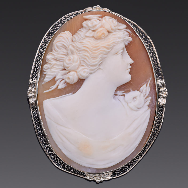 Antique 14K White Gold Cameo Shell Brooch Pin Pendant 54.70 x 43 mm