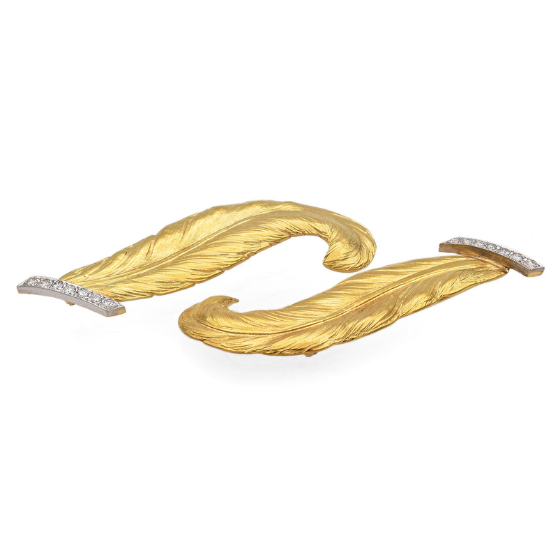 Pair of Vintage 19K Yellow Gold Feather 0.42 TCW Diamond Brooches