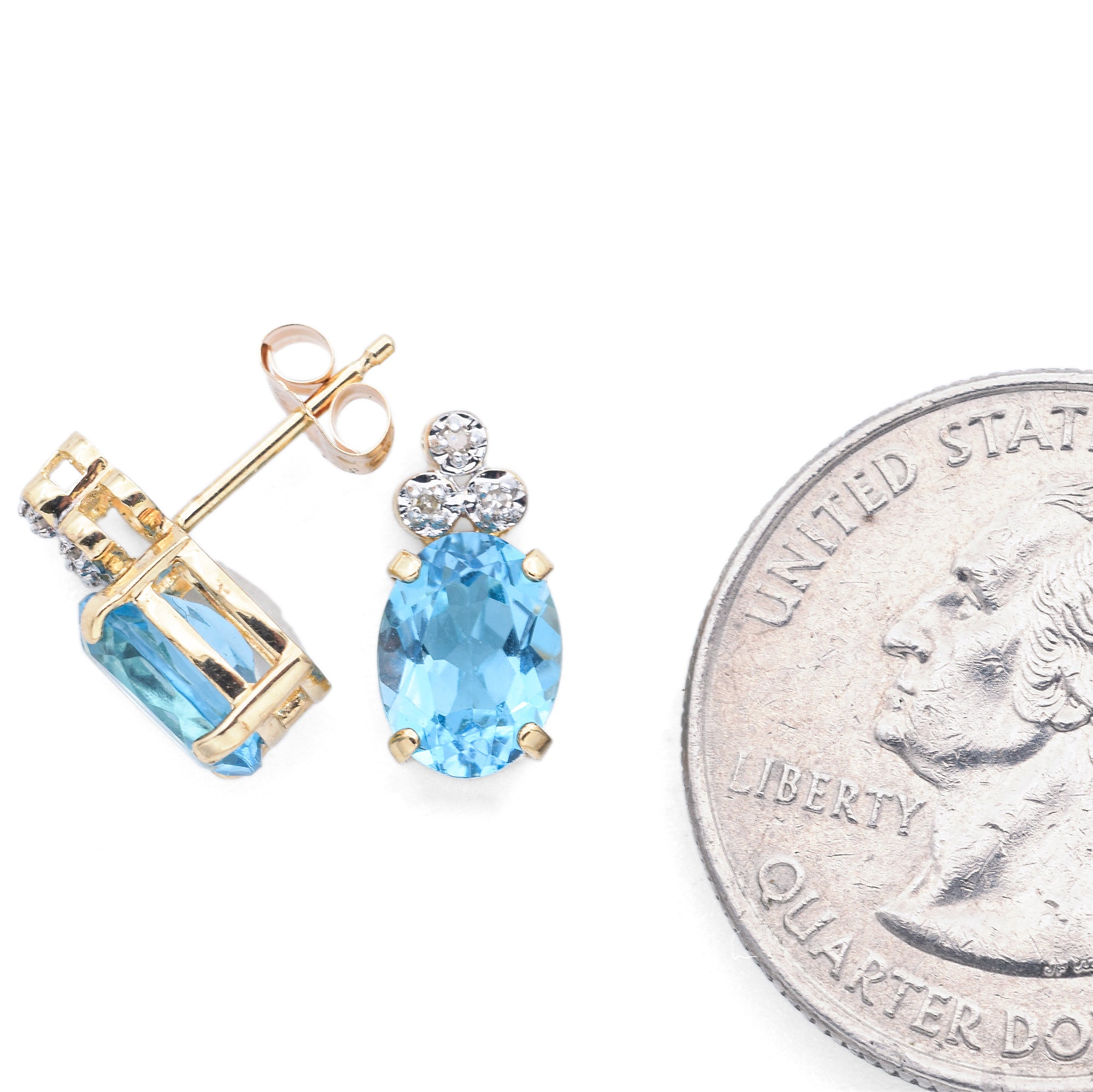 Estate 14K Yellow Gold Blue Topaz & Diamond Stud Earrings