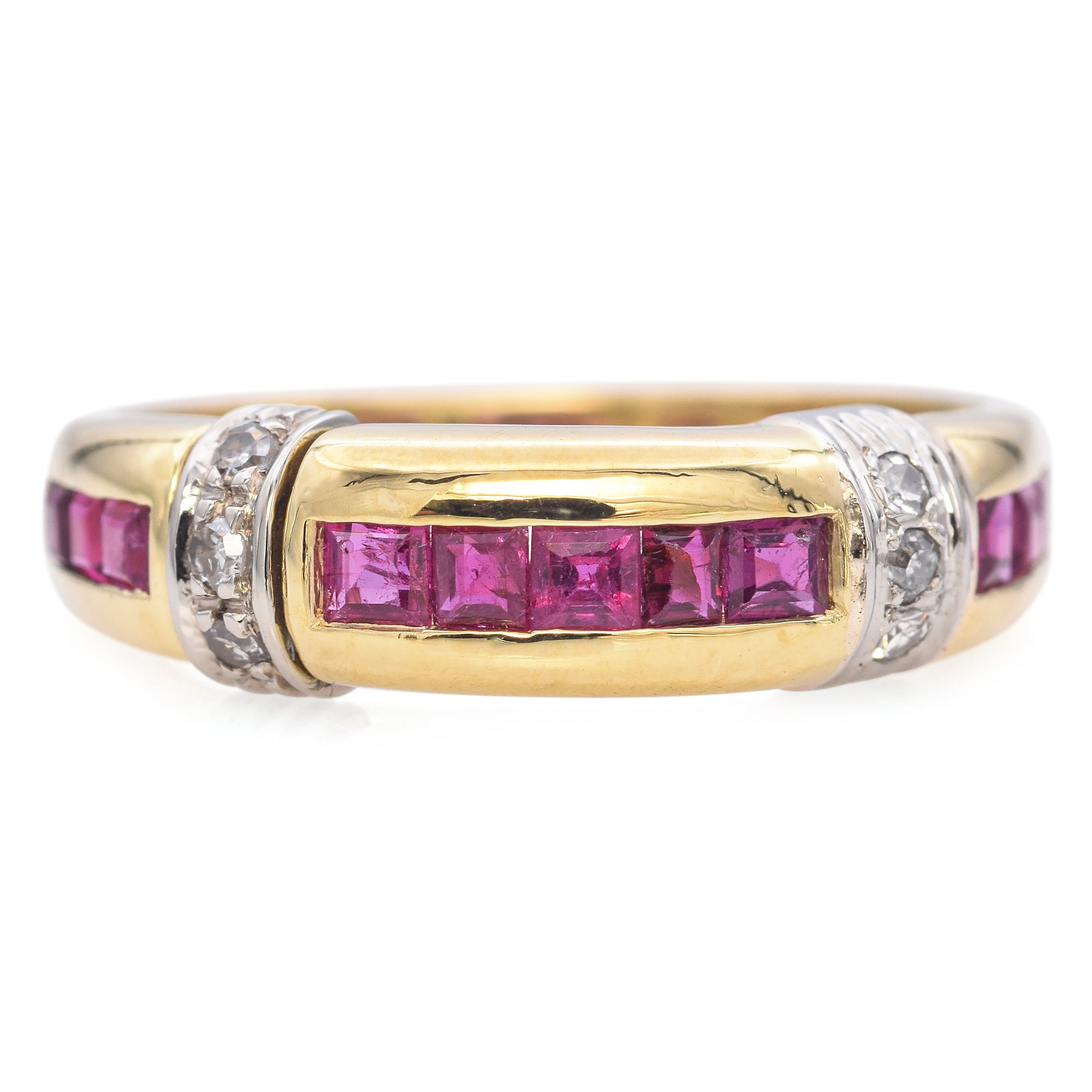 18K Yellow & White Gold Invisible Set 0.72 TCW Ruby with Accent Diamond Ring