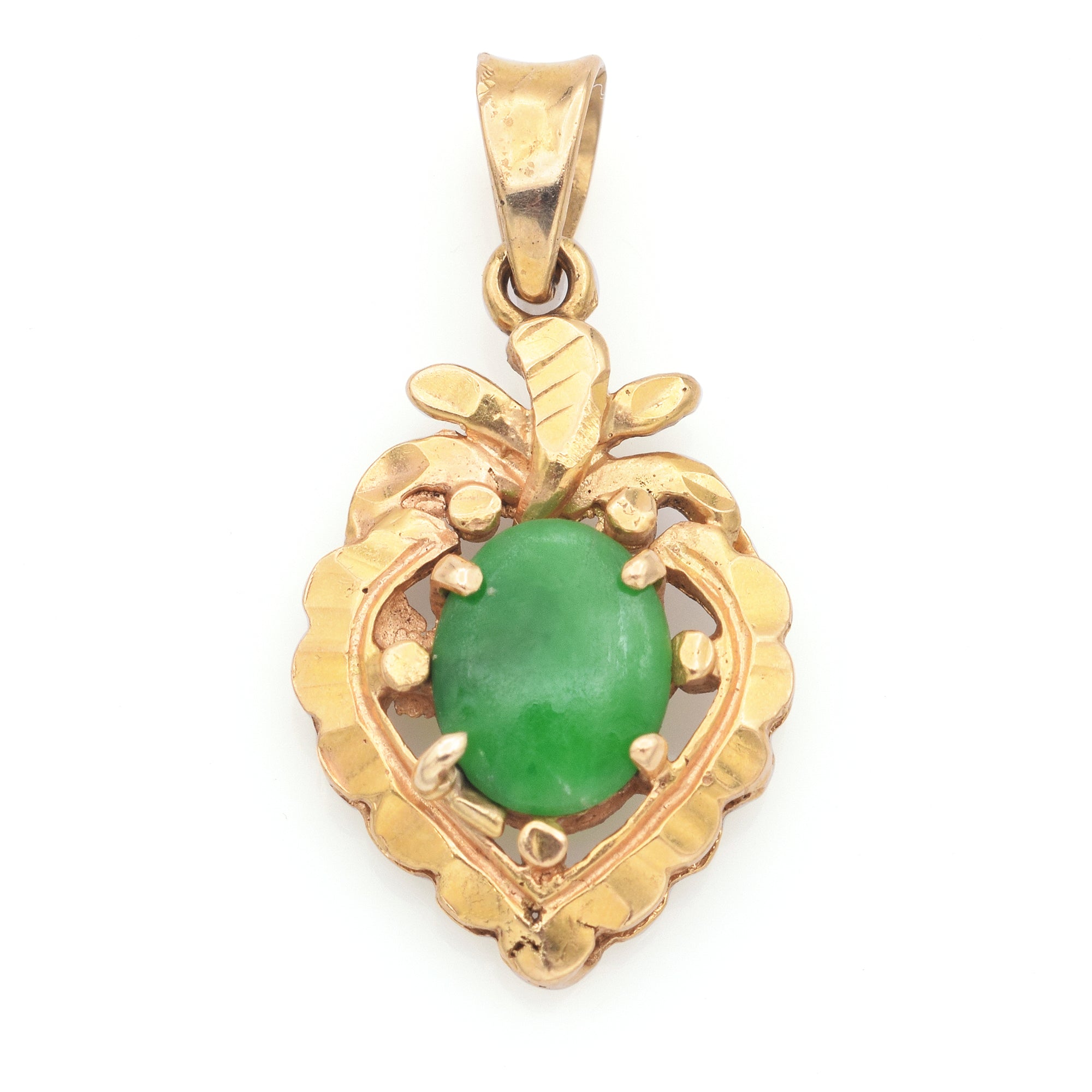 Vintage 18k Yellow Gold Oval Green Jade Pear Shape Pendant