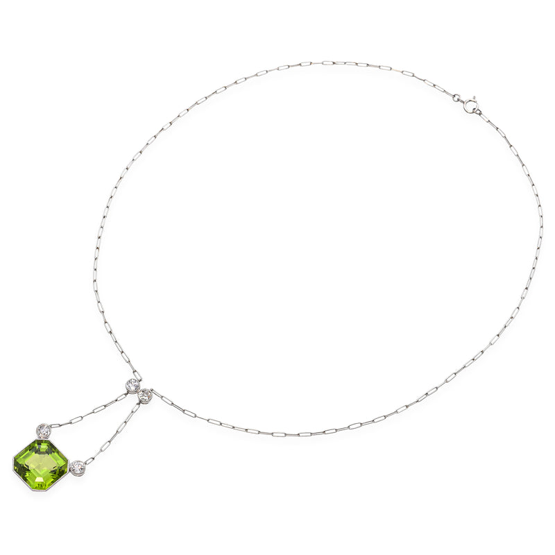 Edwardian Platinum 11.8 Ct. Peridot and Diamond Fetter Link Chain Necklace