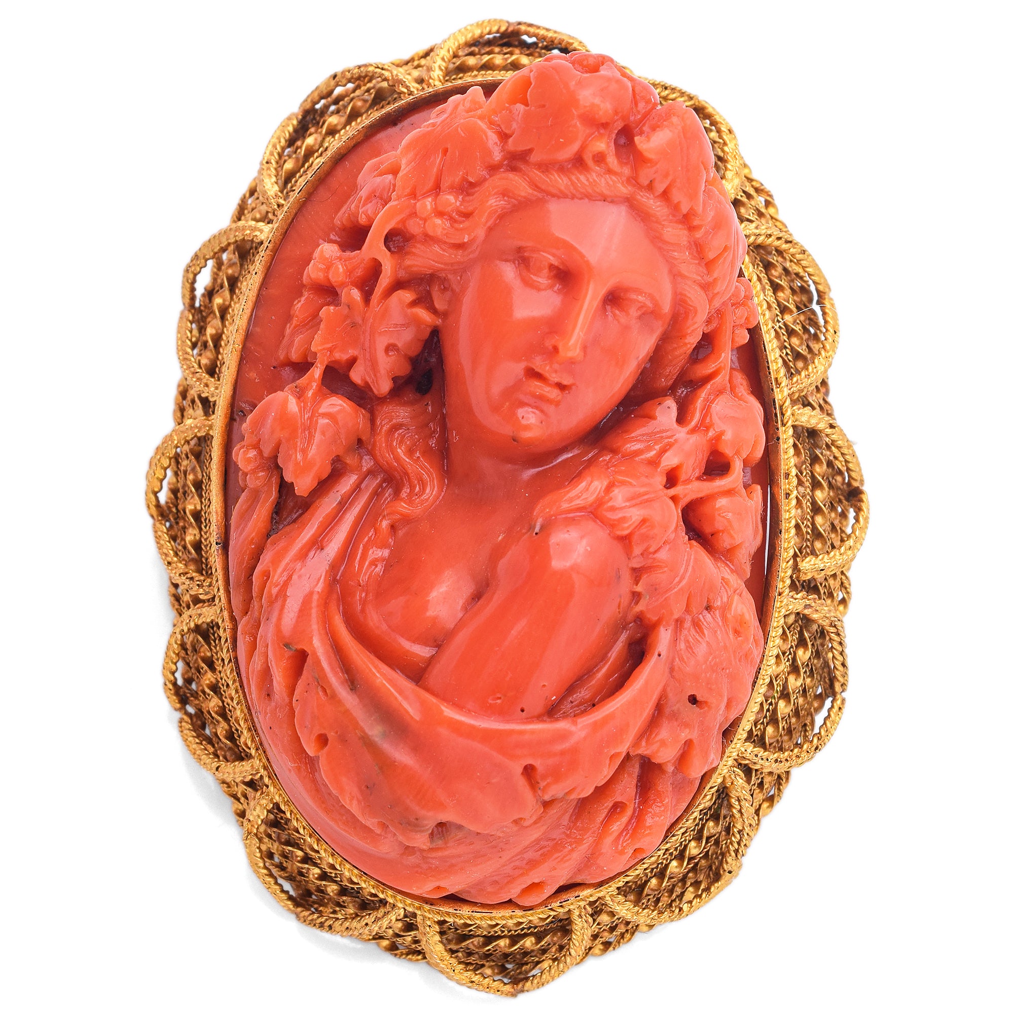 Antique 20K Gold Red Coral Cameo Bacchante Bacchus God Followers Brooch Pendant