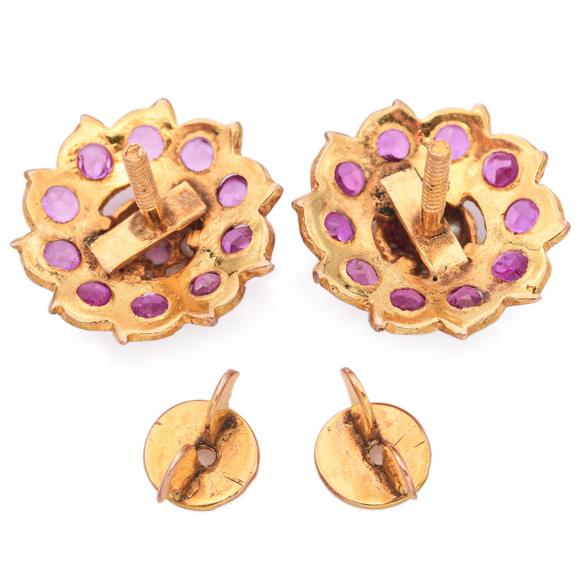 15K Yellow Gold 0.71 TCW Pink Ruby and Pearl Flower Stud Earrings