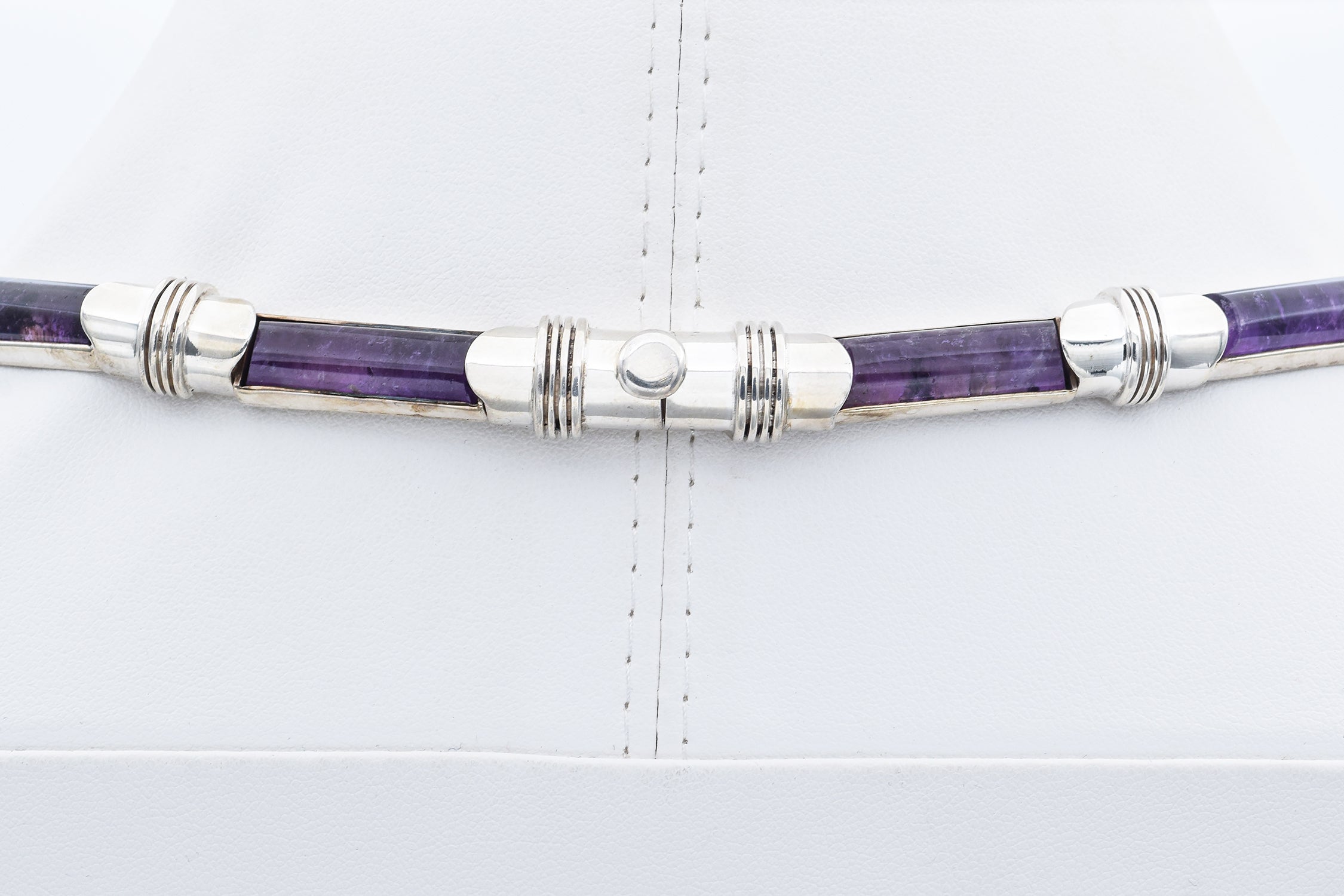 Antonio Pineda Mexico 970 Sterling Silver Amethyst Bar Link Collar Necklace