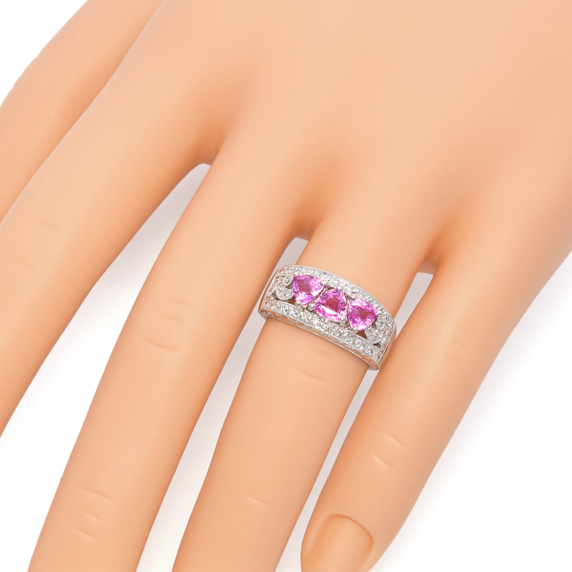 14K White Gold Trillion Cut Pink Sapphire and Diamond Ring