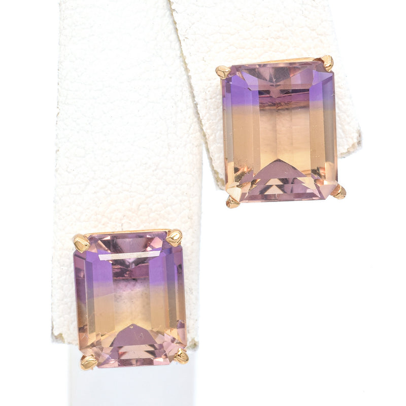 14K Yellow Gold 6.12 TCW Emerald Cut Bi-Color Ametrine Stud Earrings