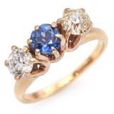 Antique 14K Yellow Gold Three Stone .72 TCW Old Euro Cut Diamond, Sapphire Ring