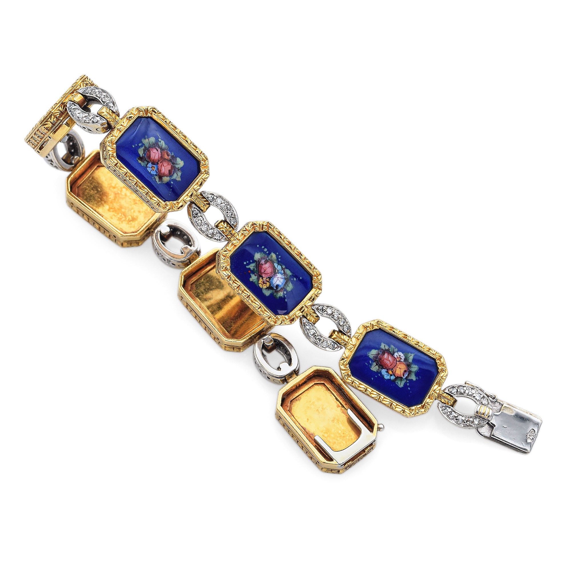 Antique 18K Multi-Tone Gold Diamond & Floral Enamel Rectangular Link Bracelet