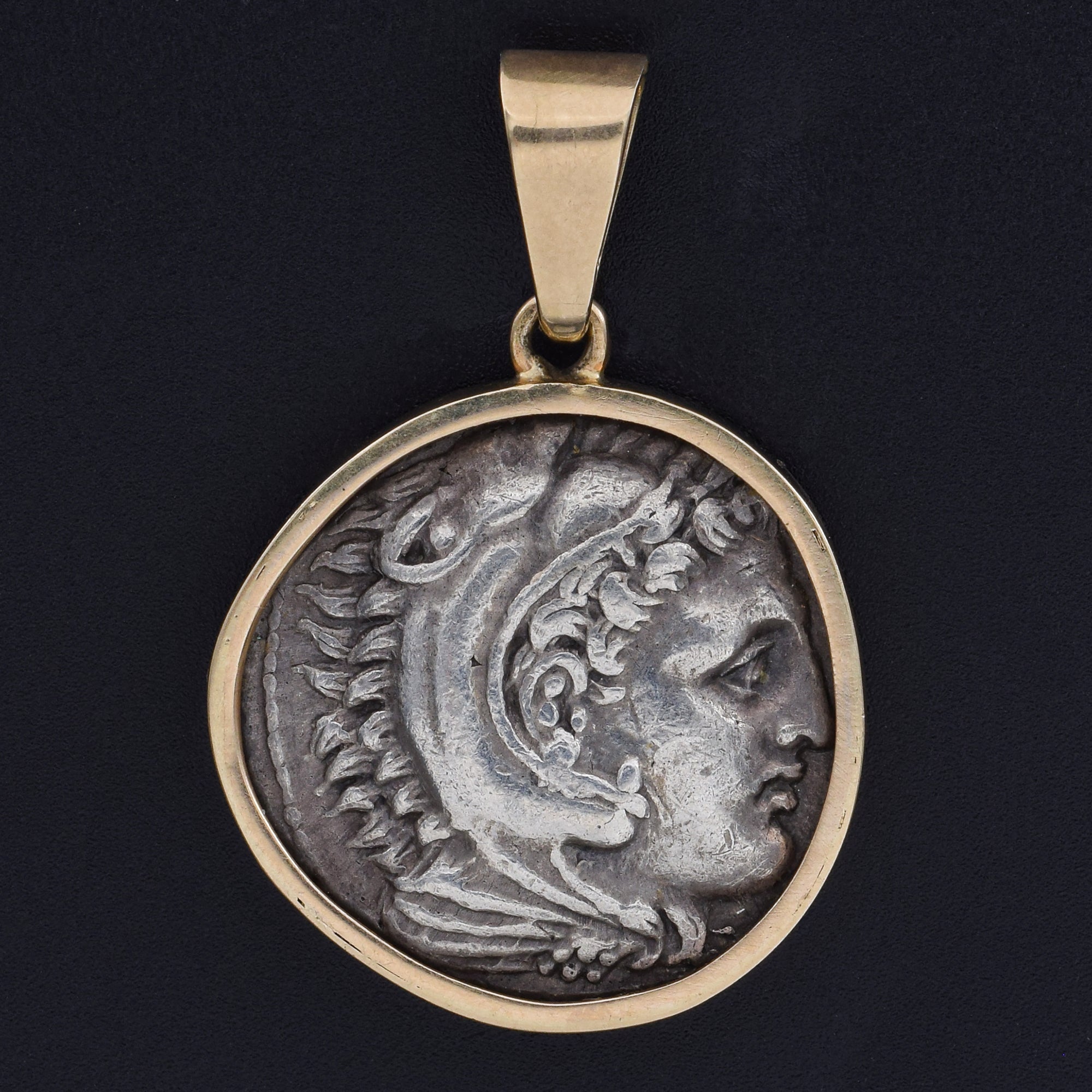 Vintage Greek Alexander The Great Drachma Ancient Coin Pendant in 14K Gold