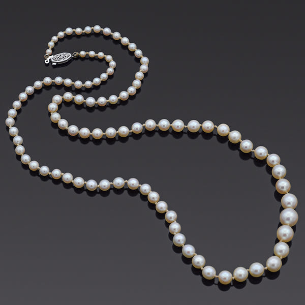 Vintage Graduated Pearl 14K White Gold Beaded Strand Necklace