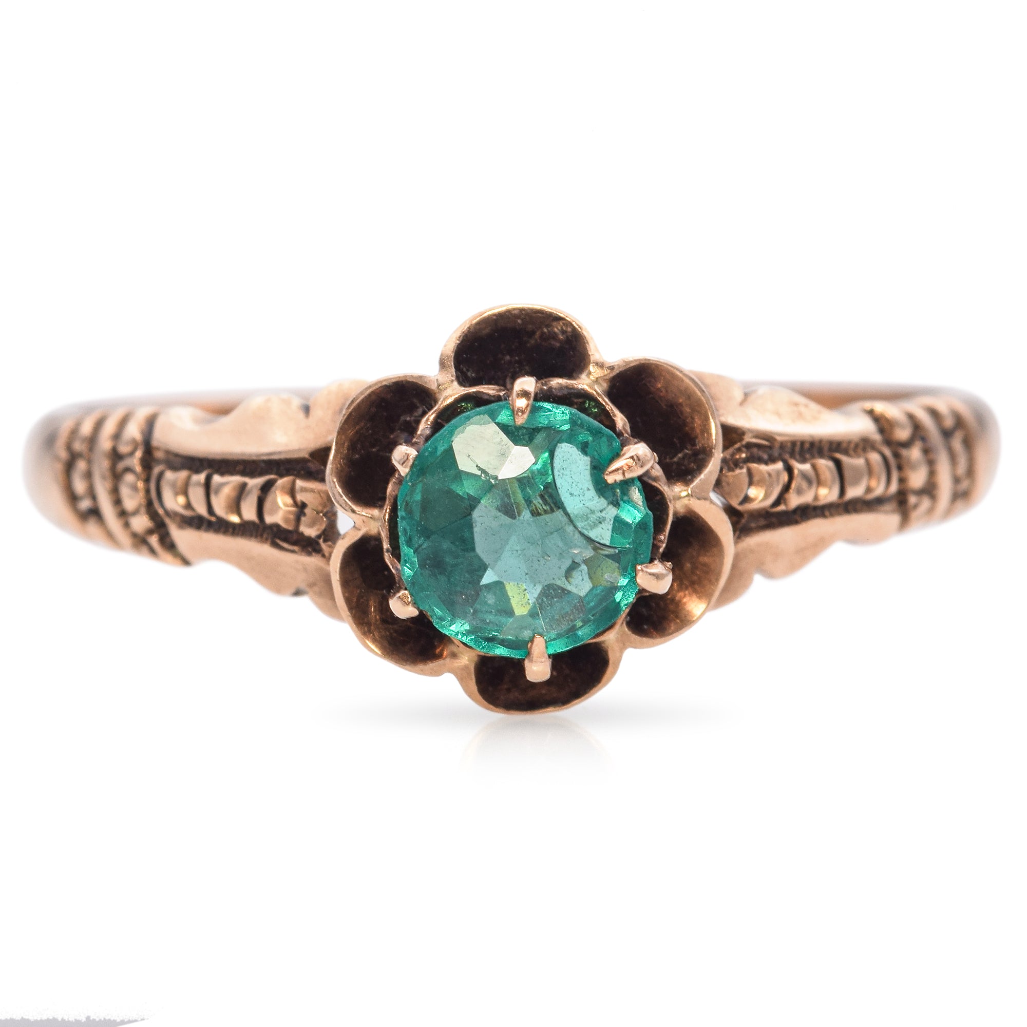 Allsopp-Steller Vintage 10K Rose Gold Round Cut Emerald with Floral Motif Ring